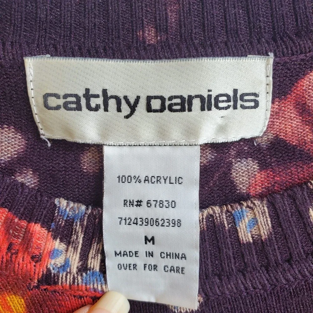 Cathy Daniels Women's Medium Purple Floral Pullover Sweater Red Flowers Studded